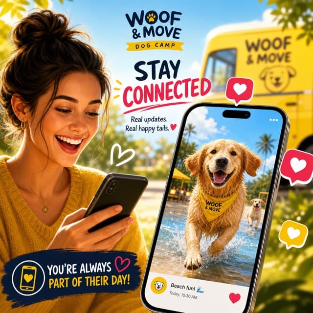 Dog owner receiving camp day photo updates from Woof & Move