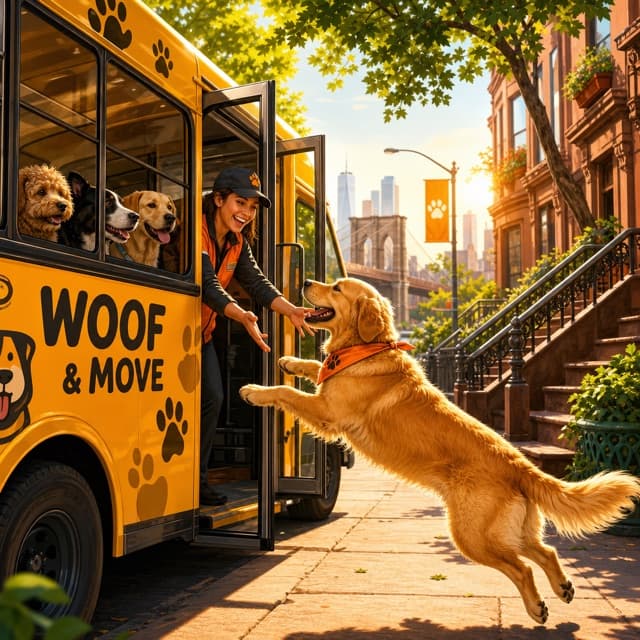 Doorstep dog pickup service with Woof & Move doggy bus in Brooklyn
