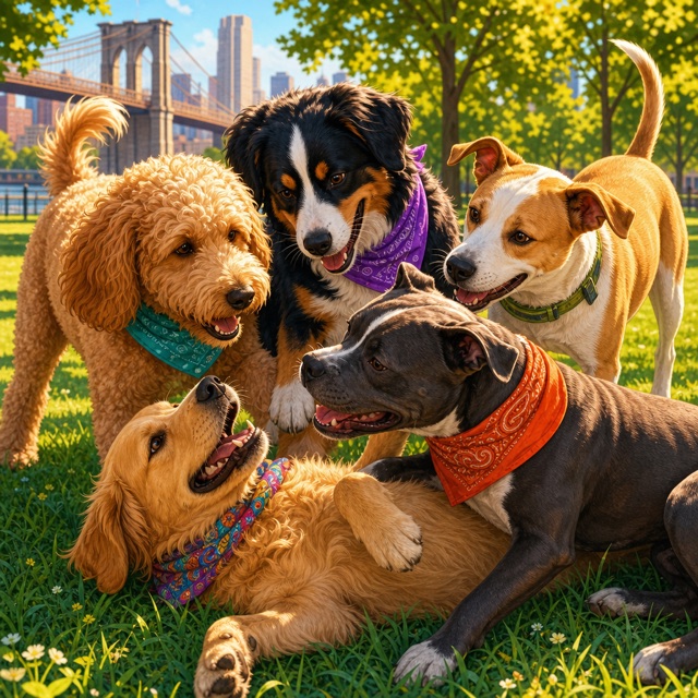 Dogs socializing during Brooklyn dog camp on the doggy bus